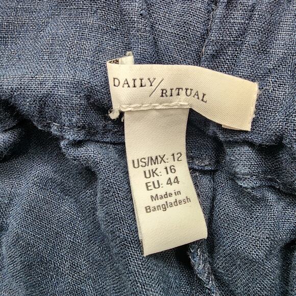 Daily Ritual Pants Womens 12 Blue Linen Pull On Wide Leg Crop Culotte Lagenlook - Picture 3 of 9